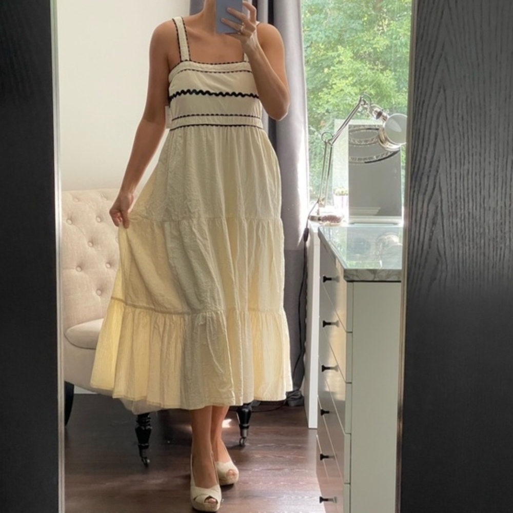 Japna Cream Cotton Tiered Midi Dress Black Ric Rac Trim Smocked Boho S - Picture 2 of 10